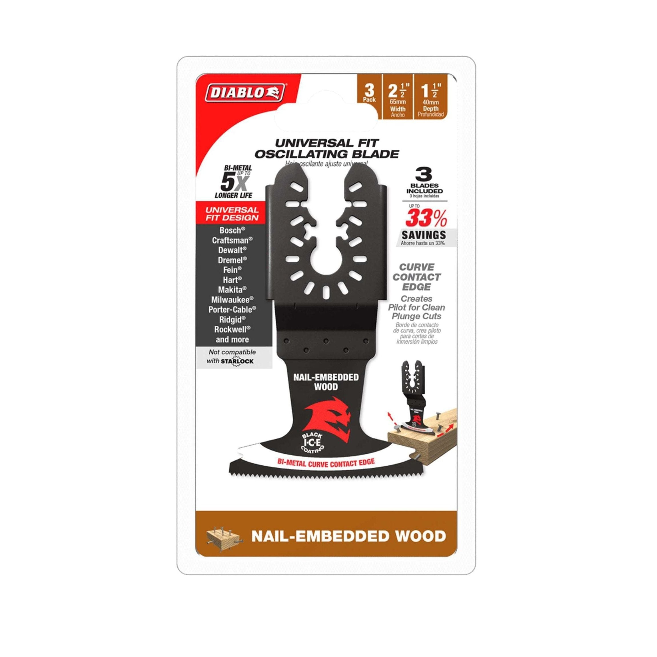 The Diablo DOU250BW3 blades, part of the Demo Demon™ series, offer a universal fit and feature ultra-hardened bi-metal cutting edges for precision in nail-embedded wood. Designed for multi-tools, they ensure longer life and enhanced performance. Comes in a 3-pack.